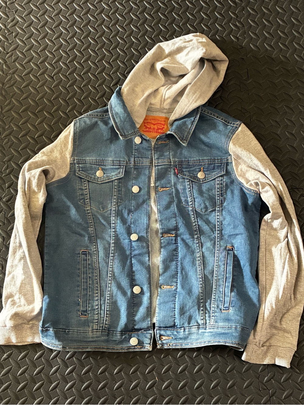 Levi's Blue Denim Jacket with Gray Hood & Sleeves